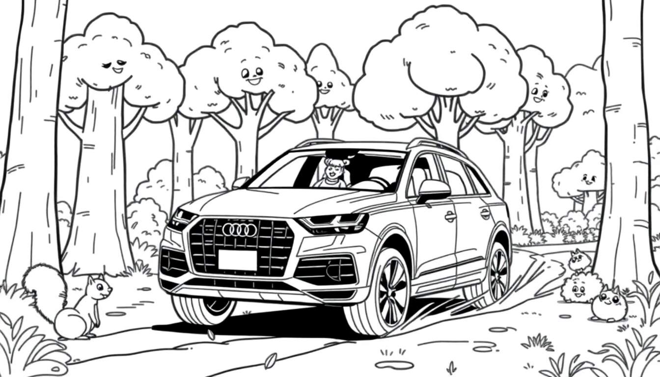 Kleurplaat van een Audi Q7 met een kind, bomen met gezichten, een eekhoorn en donzige dieren.