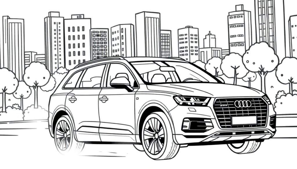 Een kleurplaat van een Audi Q7 in een stad.