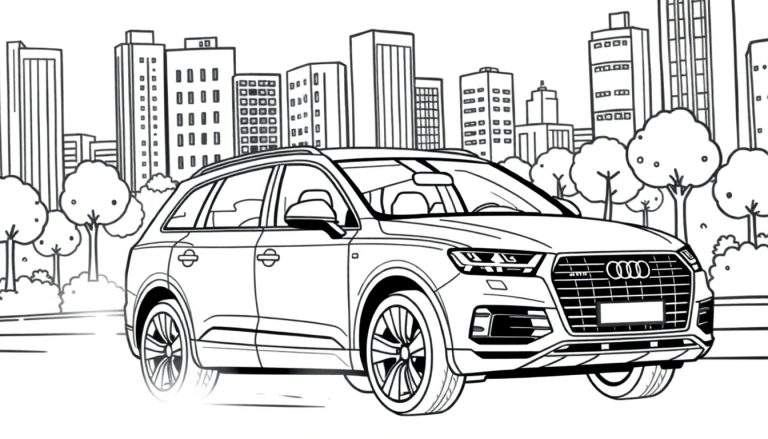 Een kleurplaat van een Audi Q7 in een stad.