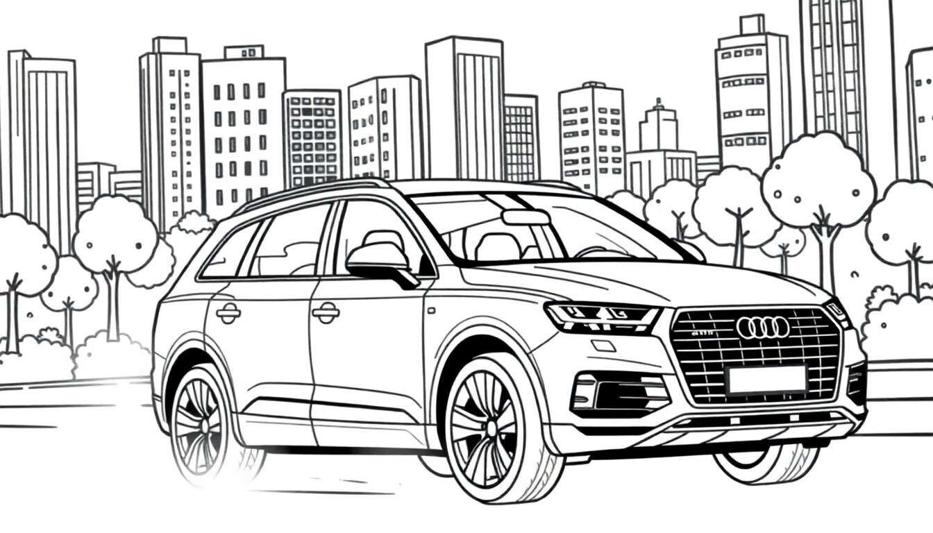 Een kleurplaat van een Audi Q7 in een stad.