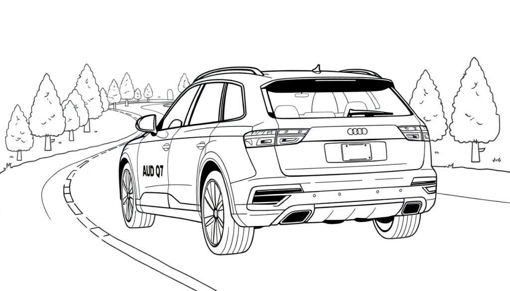 Audi Q7 kleurplaat illustratie op een kronkelende weg met bomen.