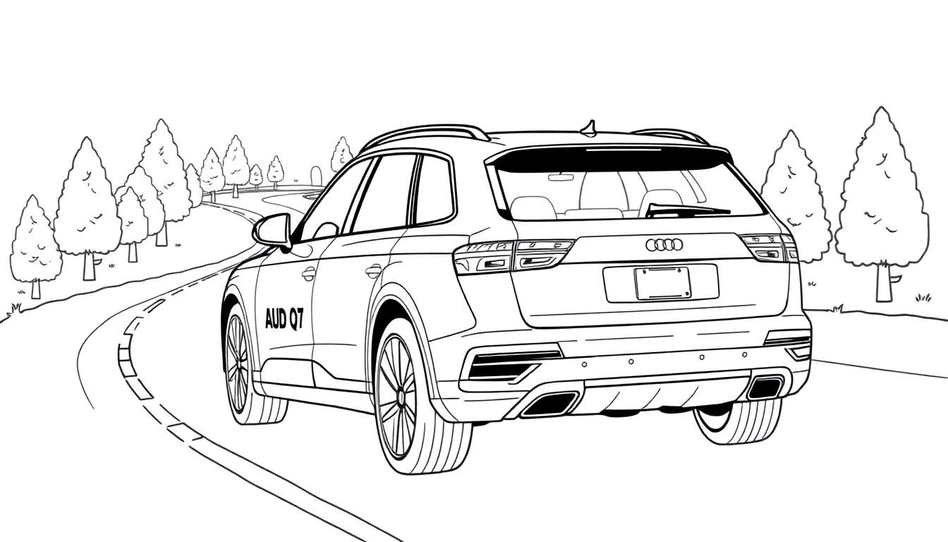 Audi Q7 kleurplaat illustratie op een kronkelende weg met bomen.