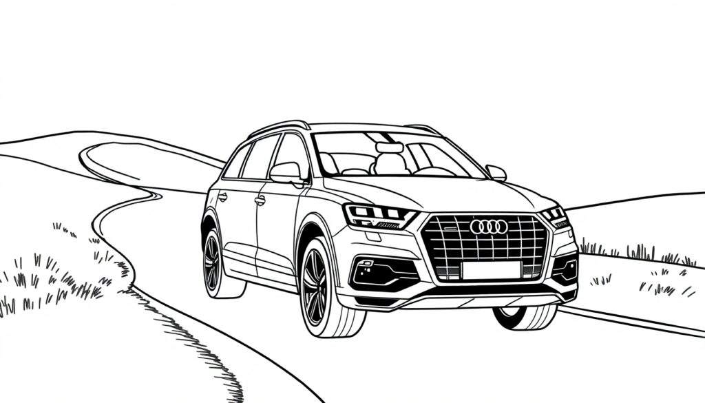 Kleurplaat van een getekende Audi Q7 op een heuvelachtige weg