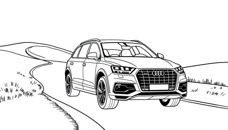 Kleurplaat van een getekende Audi Q7 op een heuvelachtige weg
