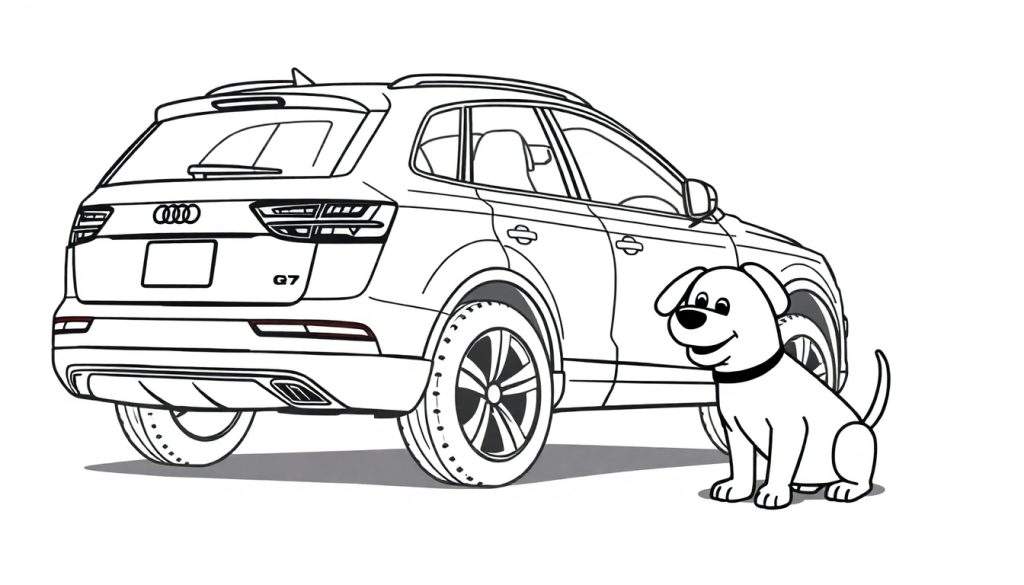 Kleurplaat van een Audi Q7 met een hondje ernaast.