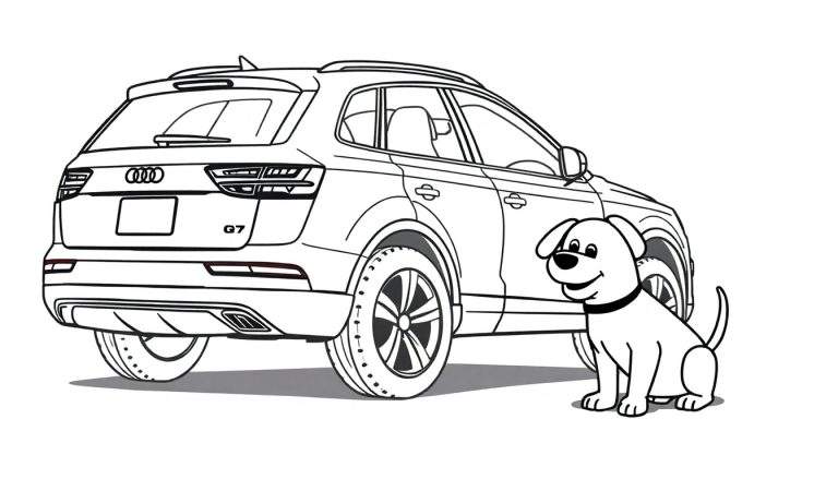 Kleurplaat van een Audi Q7 met een hondje ernaast.