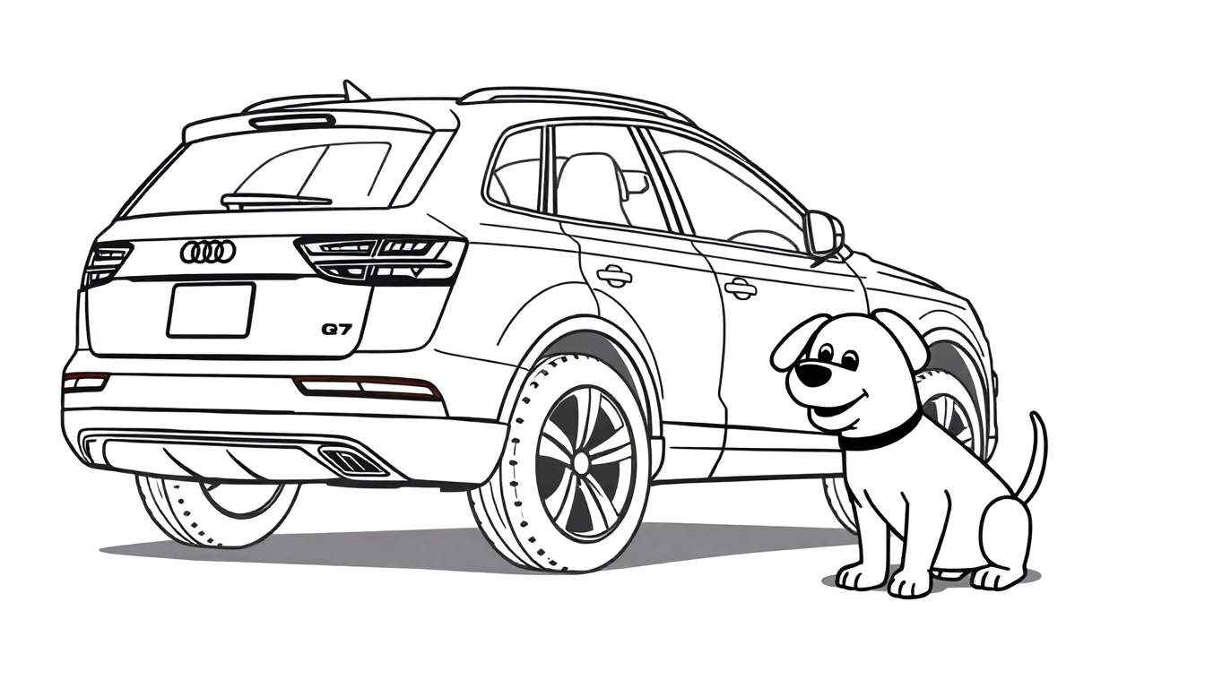 Kleurplaat van een Audi Q7 met een hondje ernaast.