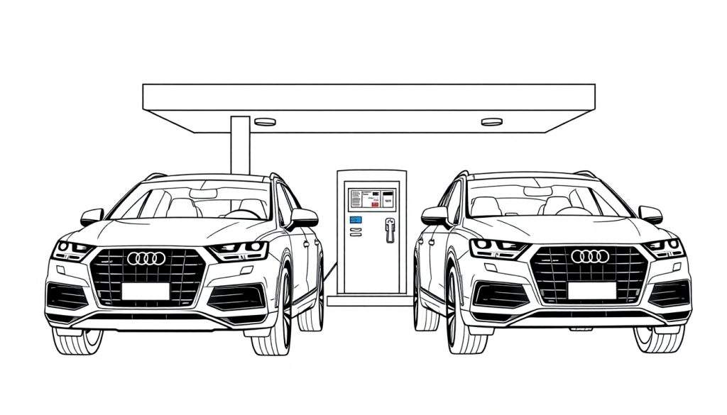 Kleurplaat van twee identieke Audi Q7s bij een benzinestation.