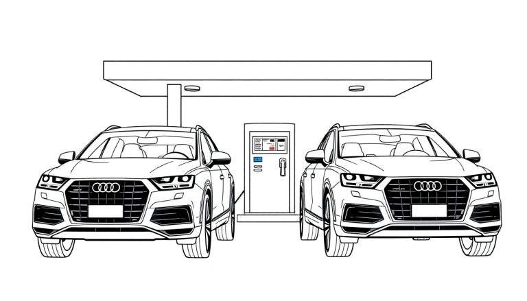 Kleurplaat van twee identieke Audi Q7s bij een benzinestation.