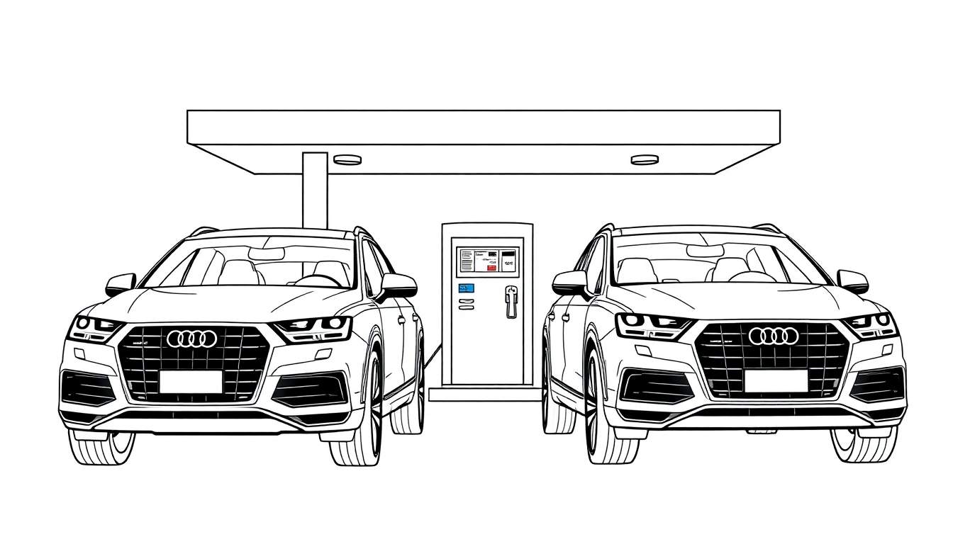 Kleurplaat van twee identieke Audi Q7s bij een benzinestation.