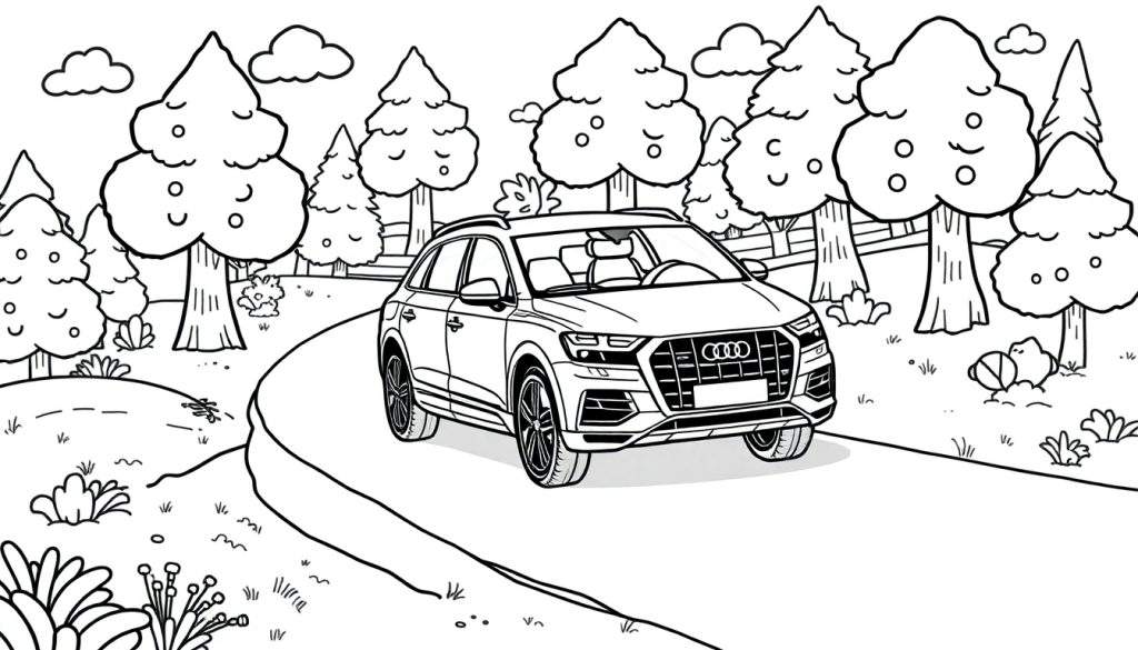 Zwart-wit kleurplaat van een Audi Q8 op een kronkelende weg door bomen.