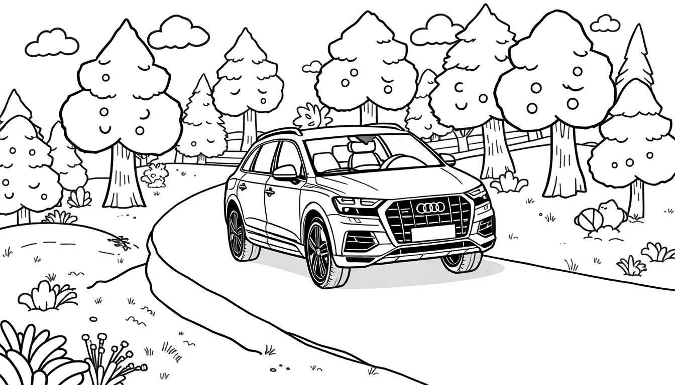 Zwart-wit kleurplaat van een Audi Q8 op een kronkelende weg door bomen.