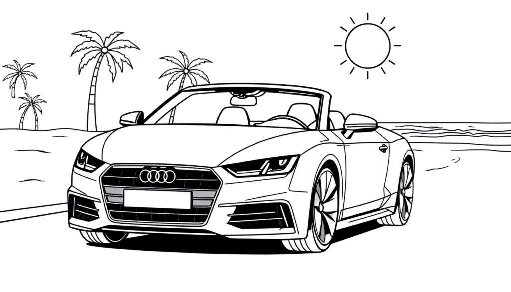 Kleurplaat van een Audi TT cabriolet op een strand.