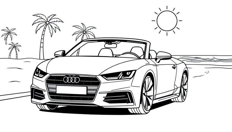 Kleurplaat van een Audi TT cabriolet op een strand.