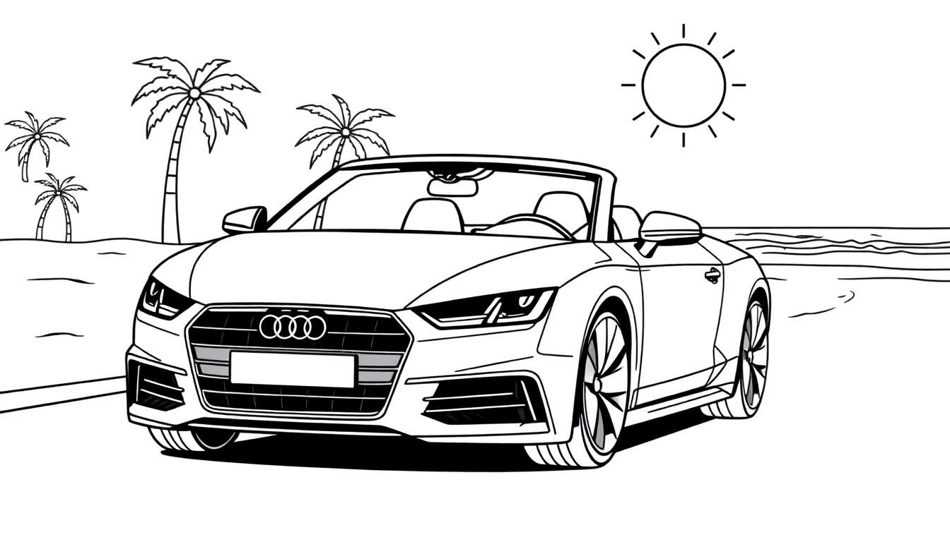 Kleurplaat van een Audi TT cabriolet op een strand.