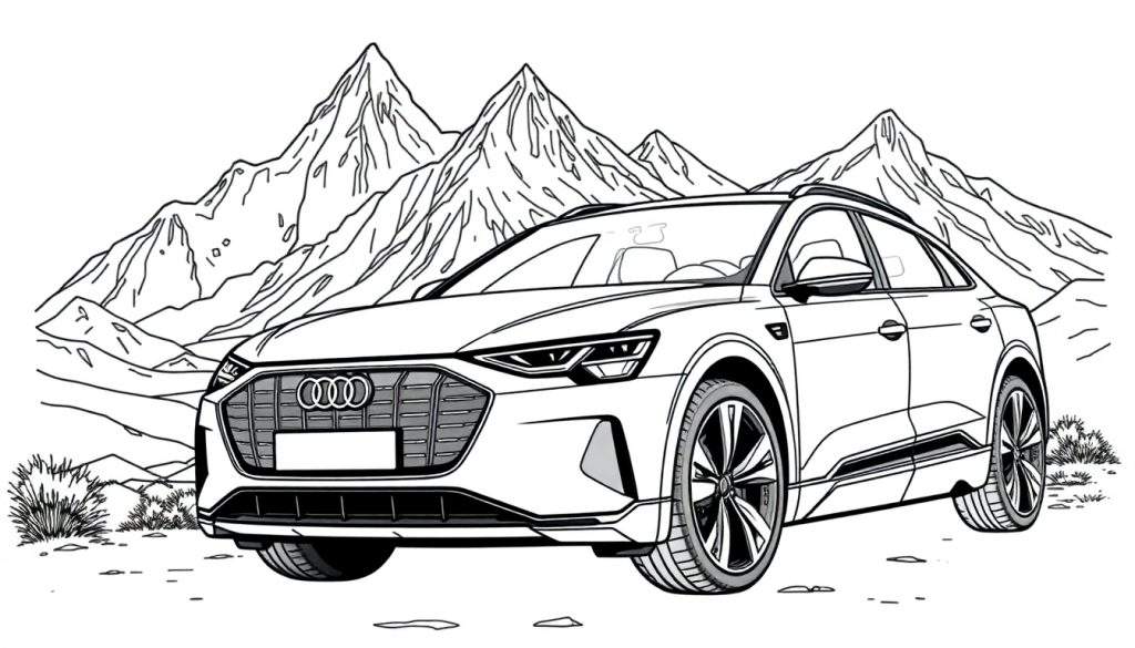 Zwart-wit kleurplaat van een Audi e-tron SUV in de bergen.