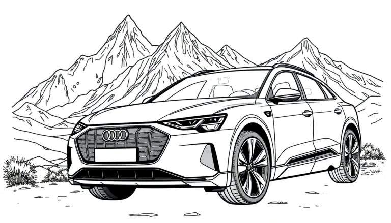 Zwart-wit kleurplaat van een Audi e-tron SUV in de bergen.