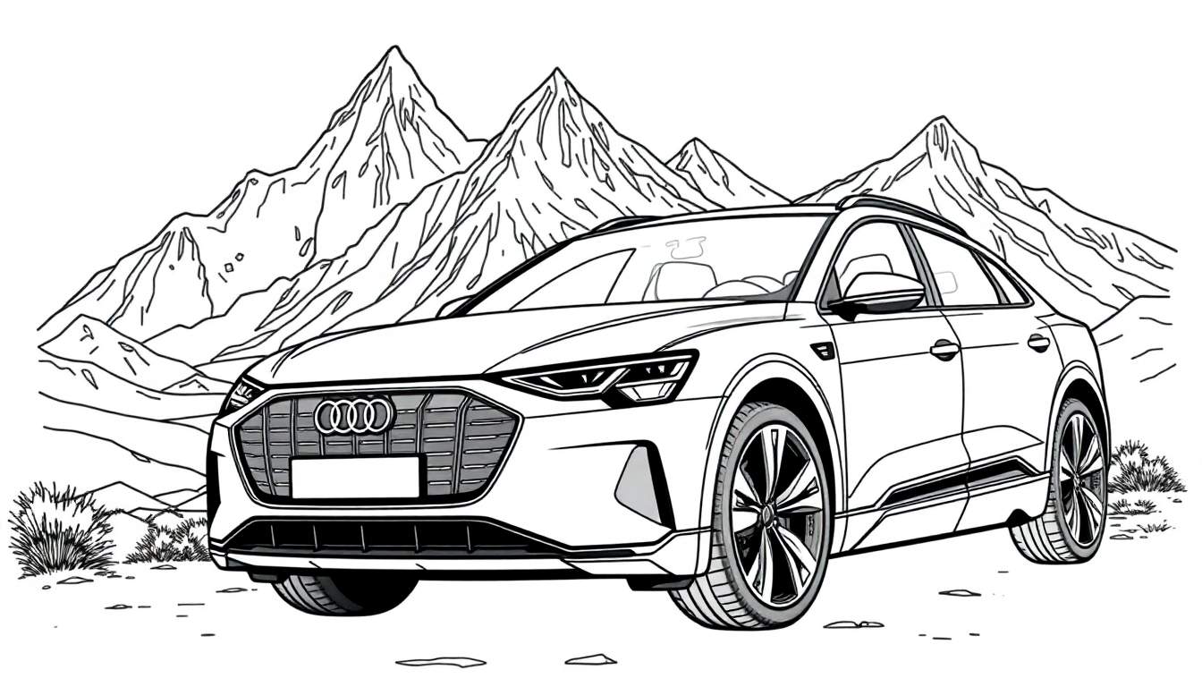 Zwart-wit kleurplaat van een Audi e-tron SUV in de bergen.