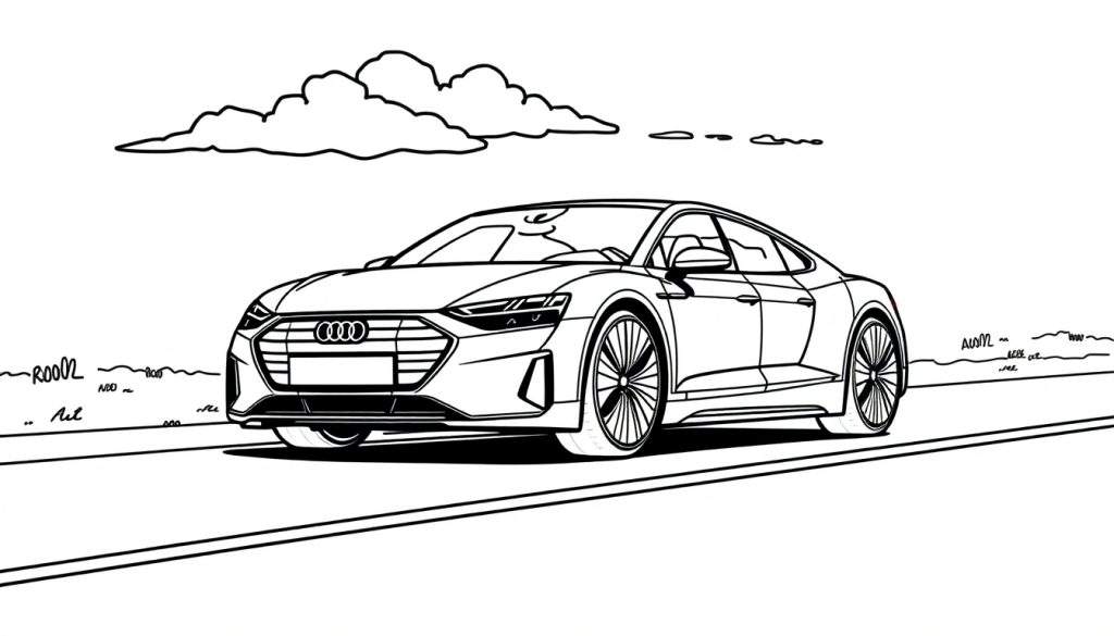Kleurplaat van een Audi e-tron auto die rijdt op een weg met wolken erboven en schetsmatig landschap aan de zijkanten.