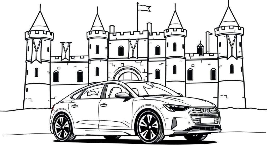 Een zwart-wit kleurplaat van een Audi e-tron die naast een kasteel staat.