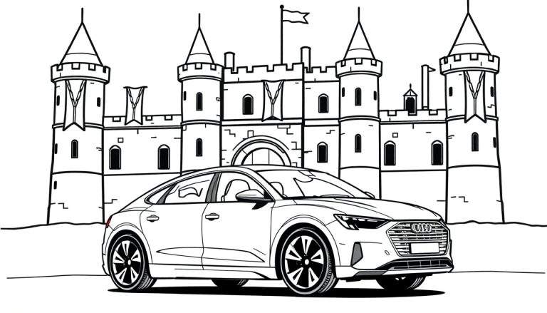 Een zwart-wit kleurplaat van een Audi e-tron die naast een kasteel staat.