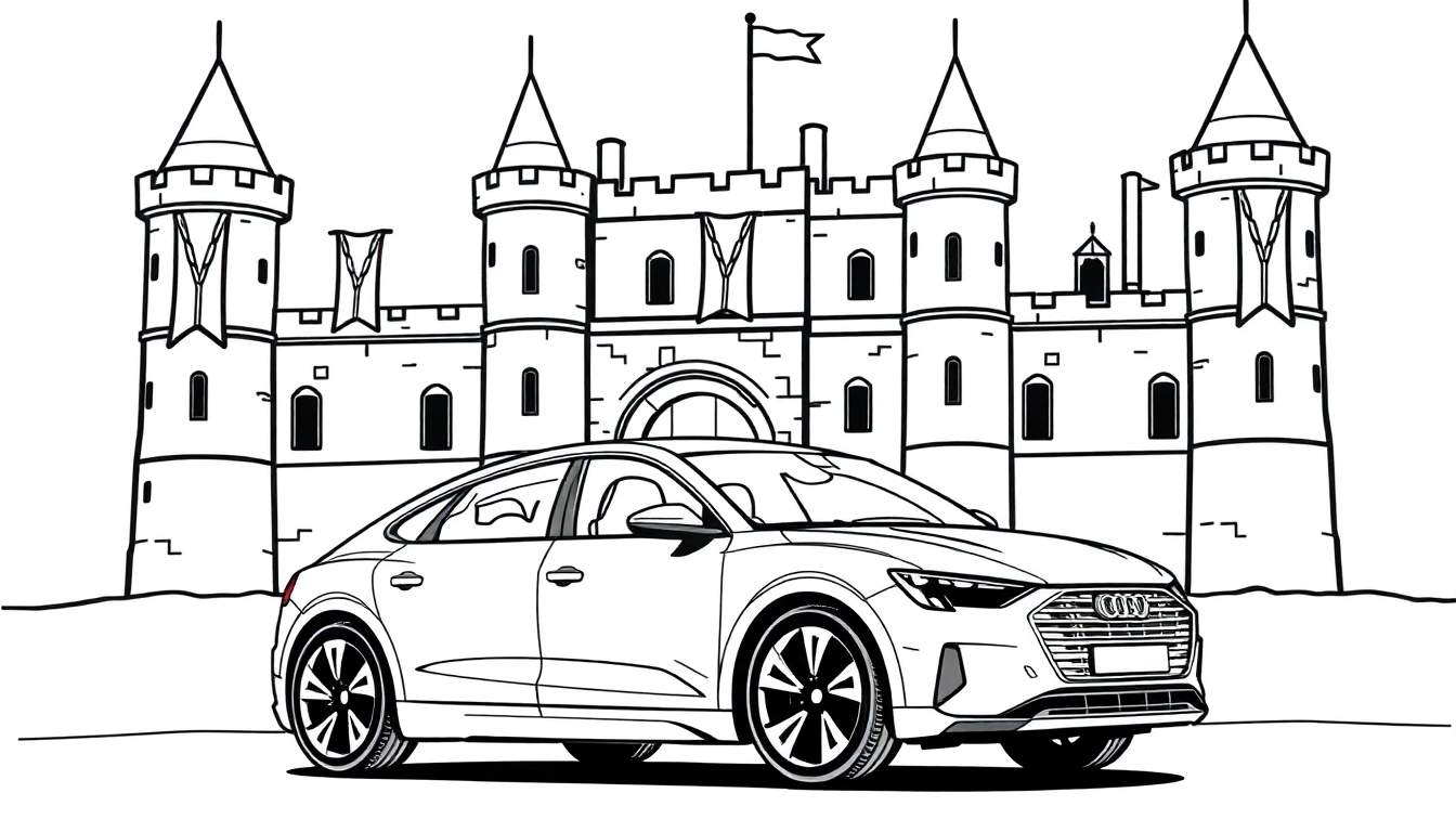 Een zwart-wit kleurplaat van een Audi e-tron die naast een kasteel staat.