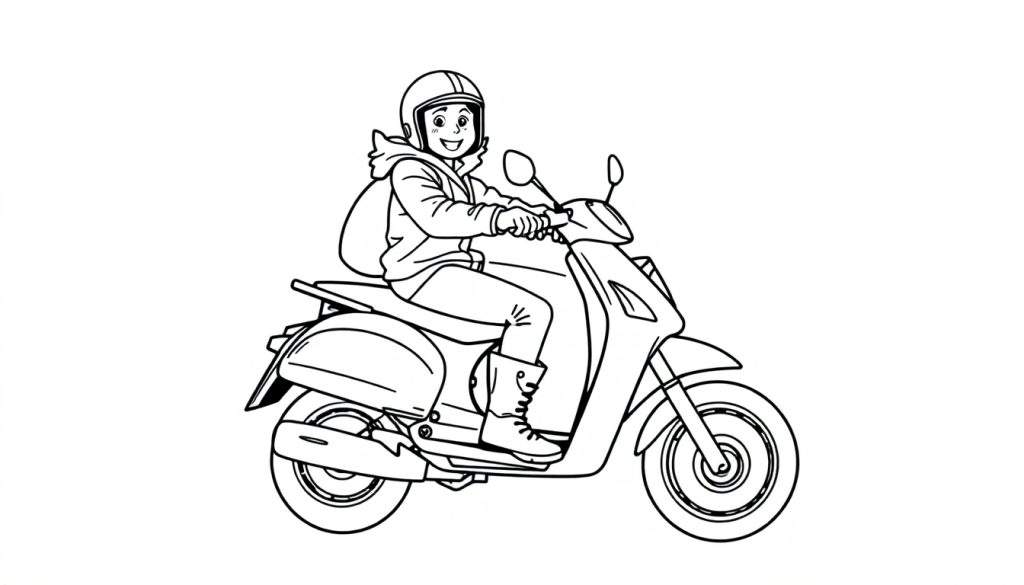 Kleurplaat van een jongen op een brommer met helm en rugzak.