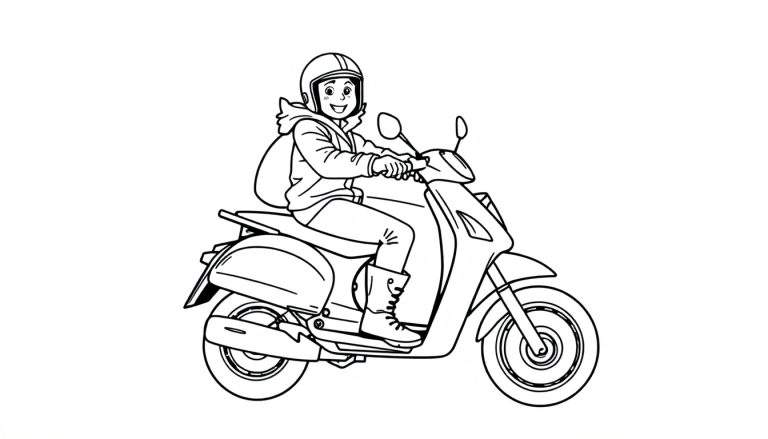 Kleurplaat van een jongen op een brommer met helm en rugzak.