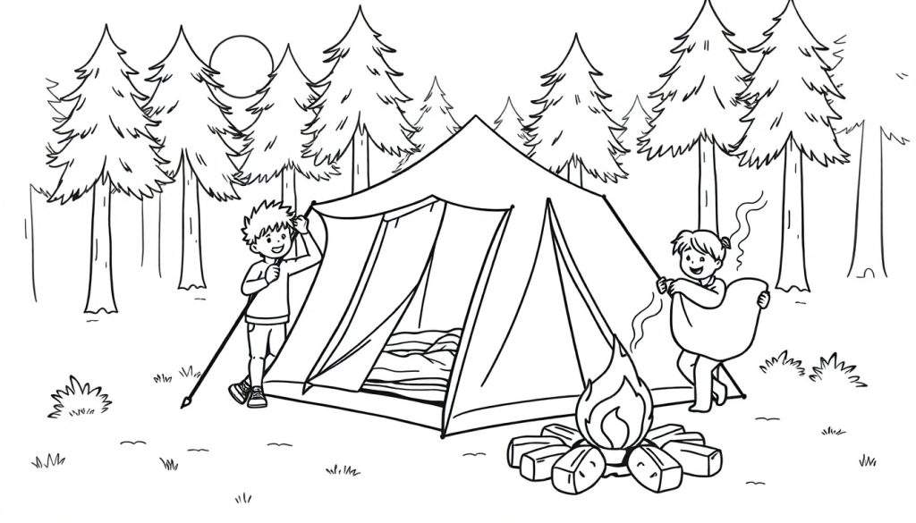 Zwart-witte kleurplaat van een tentenkamp met een jongen, een kind bij een kampvuur en de zon tussen bomen.