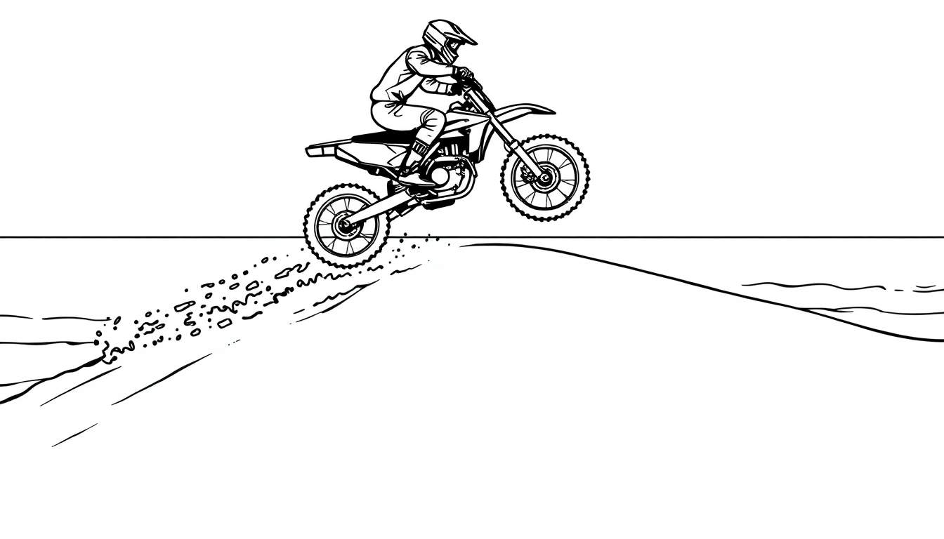 Kleurplaat van een motorcrosser die over een zandheuvel springt met een zeevlam in de achtergrond.