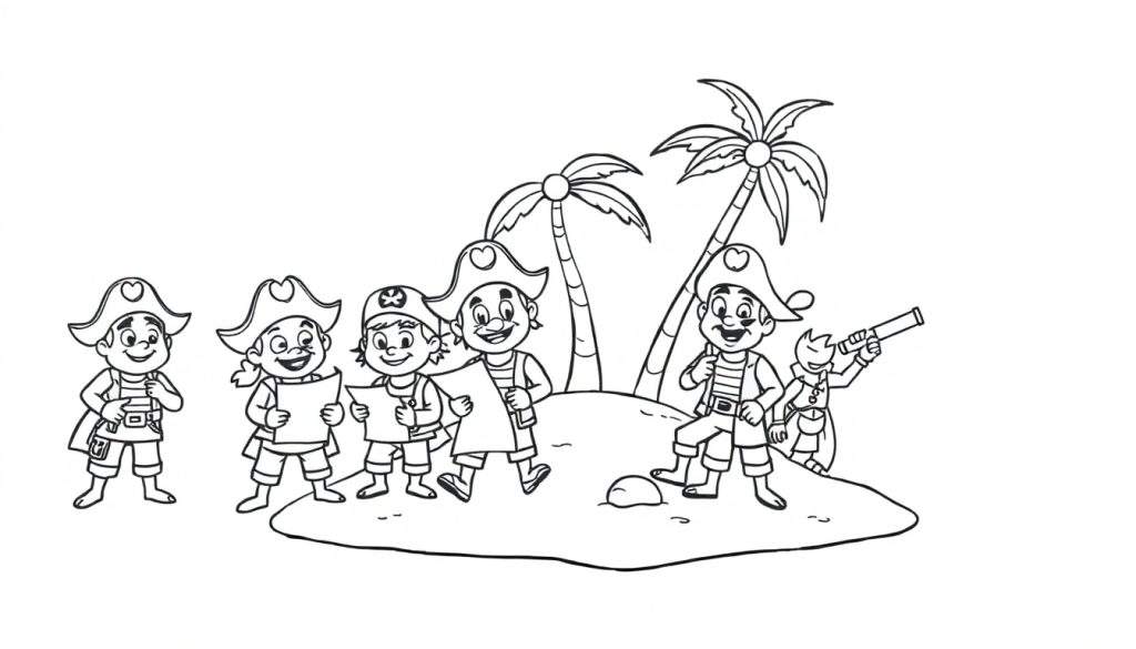 Zwart-wit kleurplaat van piratenkinderen op een eiland met palmbomen.