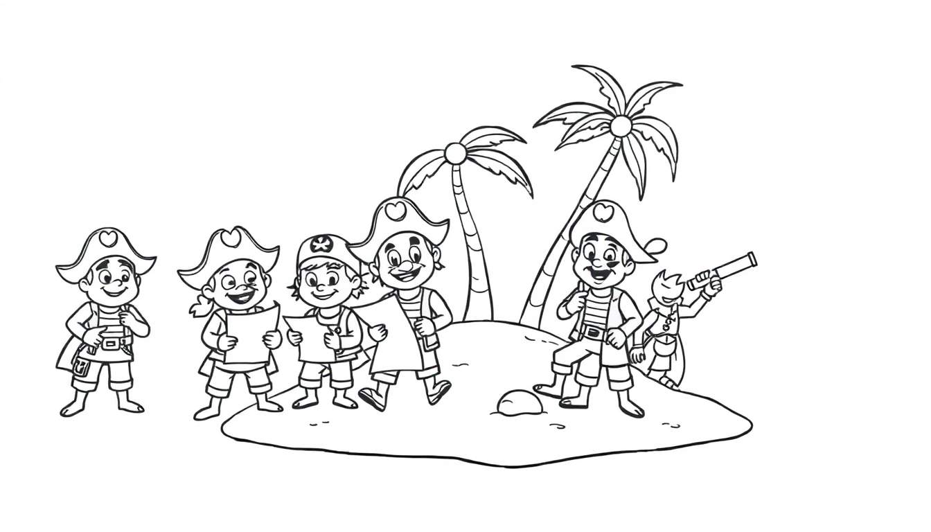Zwart-wit kleurplaat van piratenkinderen op een eiland met palmbomen.