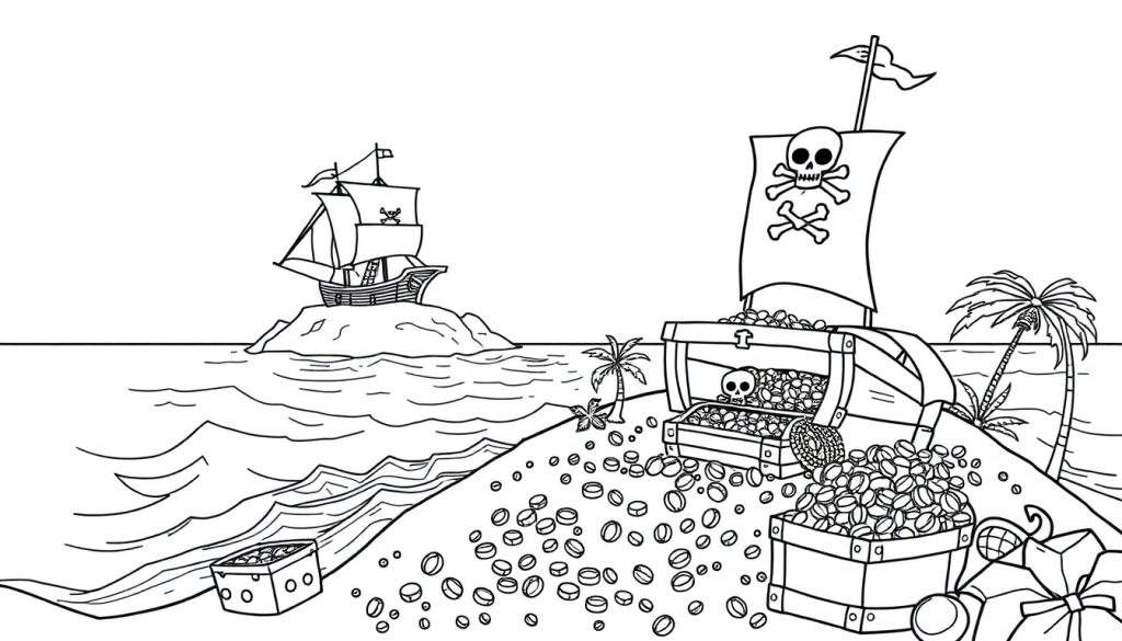 Zwart-wit kleurplaat van een piratenschatkaart op een eiland met een piratenschip in de verte.