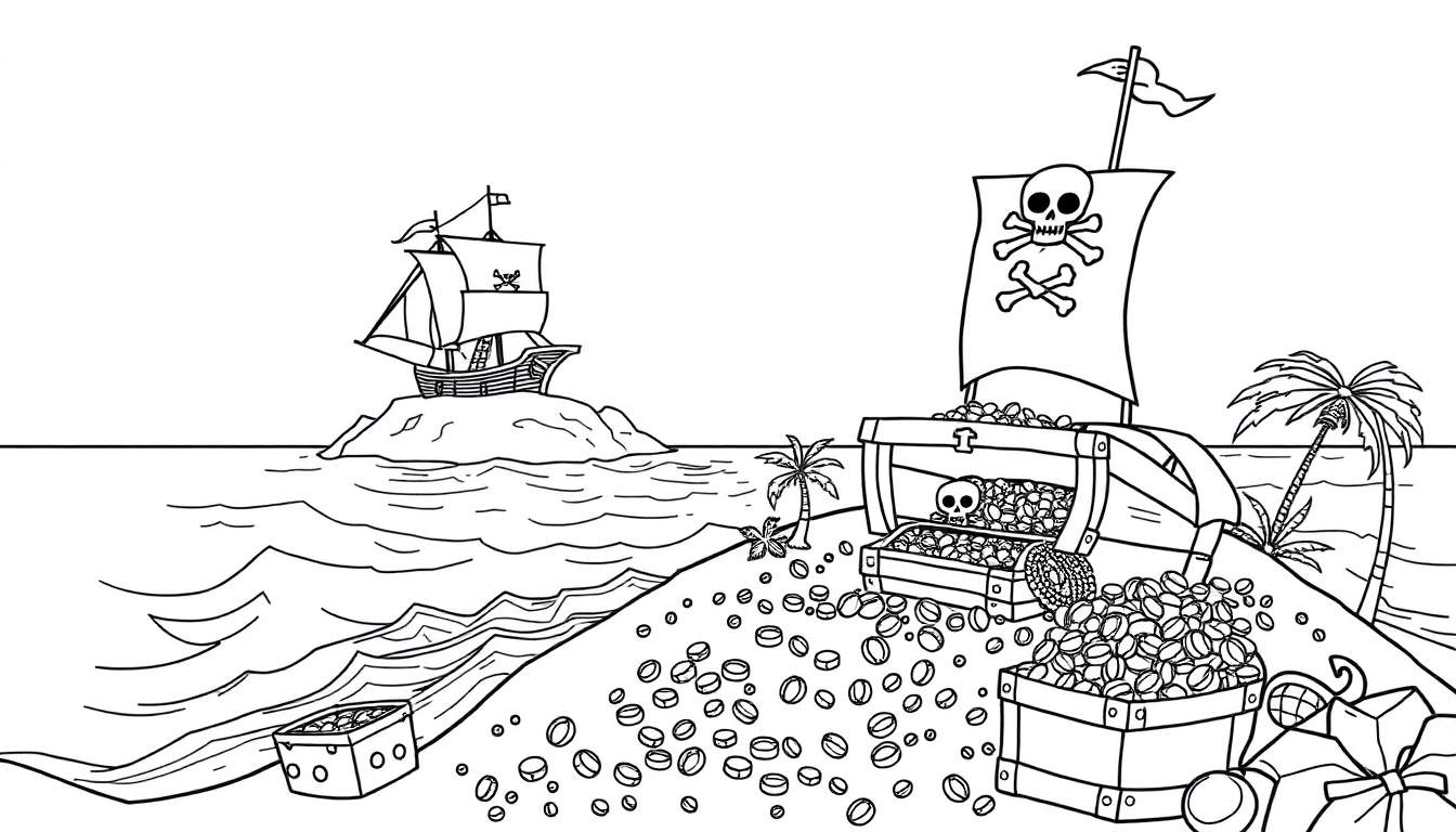 Zwart-wit kleurplaat van een piratenschatkaart op een eiland met een piratenschip in de verte.