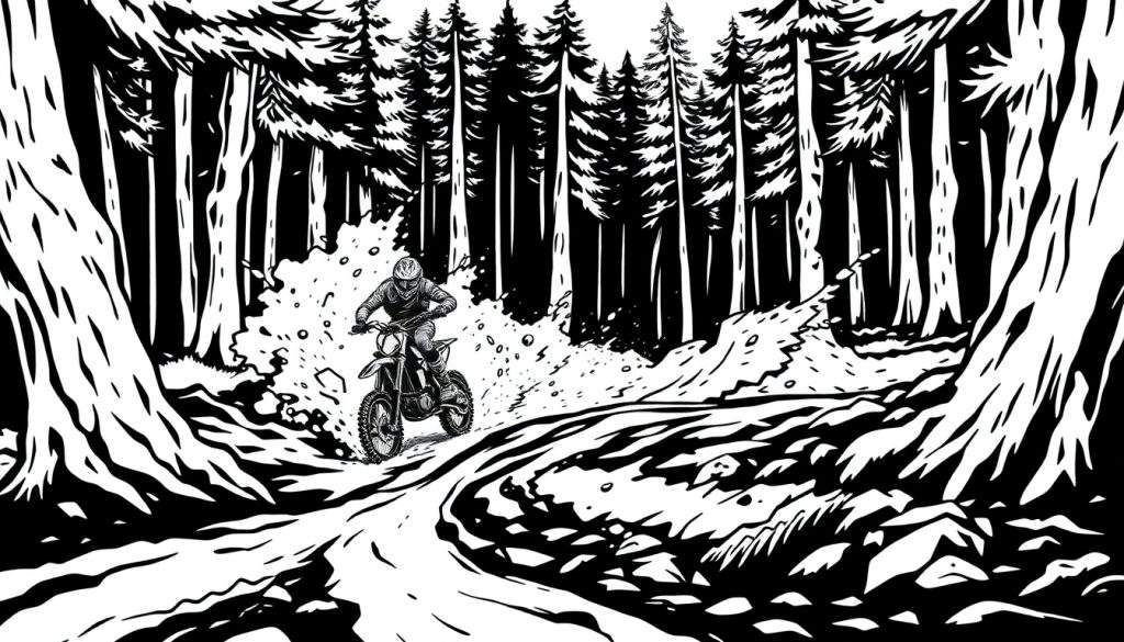 Kleurplaat van een stoere motorcrosser die door een stoffig bospad raast.