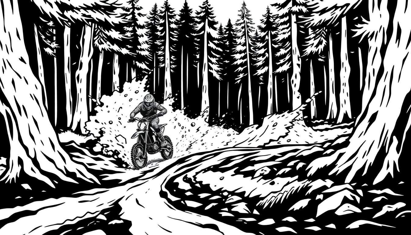 Kleurplaat van een stoere motorcrosser die door een stoffig bospad raast.