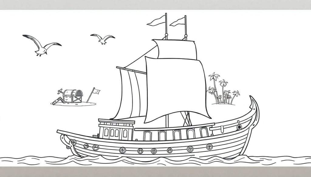 Kleurplaat van een piratenschip met schateiland.