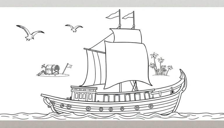 Kleurplaat van een piratenschip met schateiland.