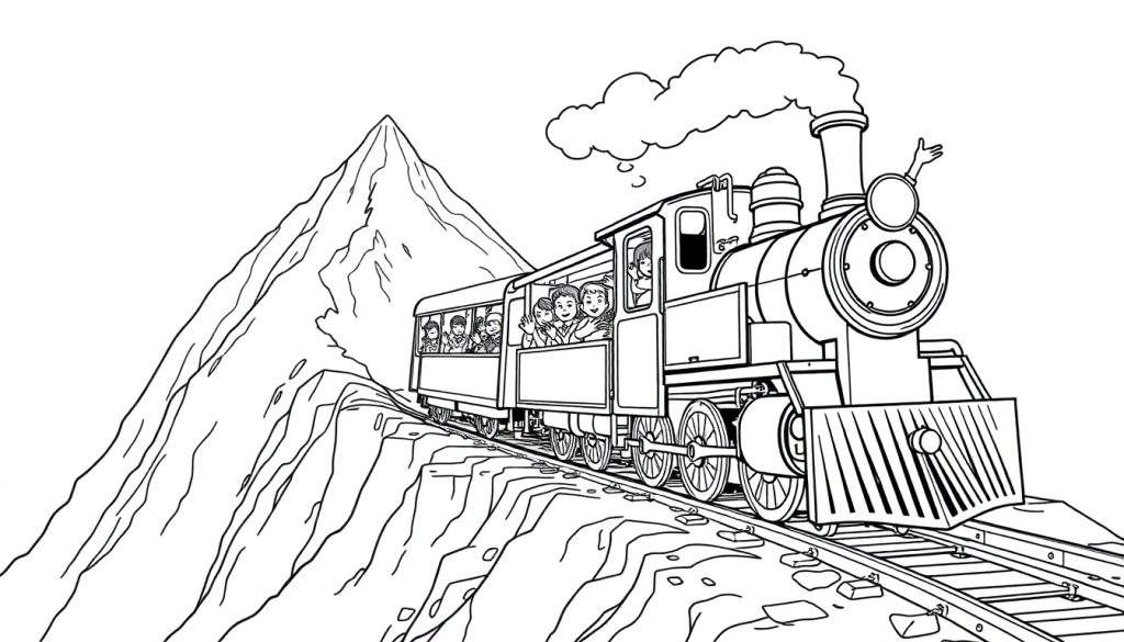 Zwart-witte kleurplaat van een stoomtrein die door een berglandschap rijdt, mensen zwaaien vanuit de wagons.