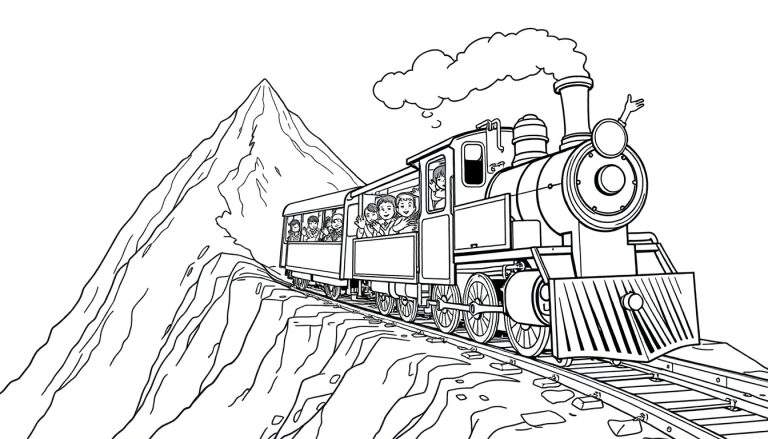 Zwart-witte kleurplaat van een stoomtrein die door een berglandschap rijdt, mensen zwaaien vanuit de wagons.