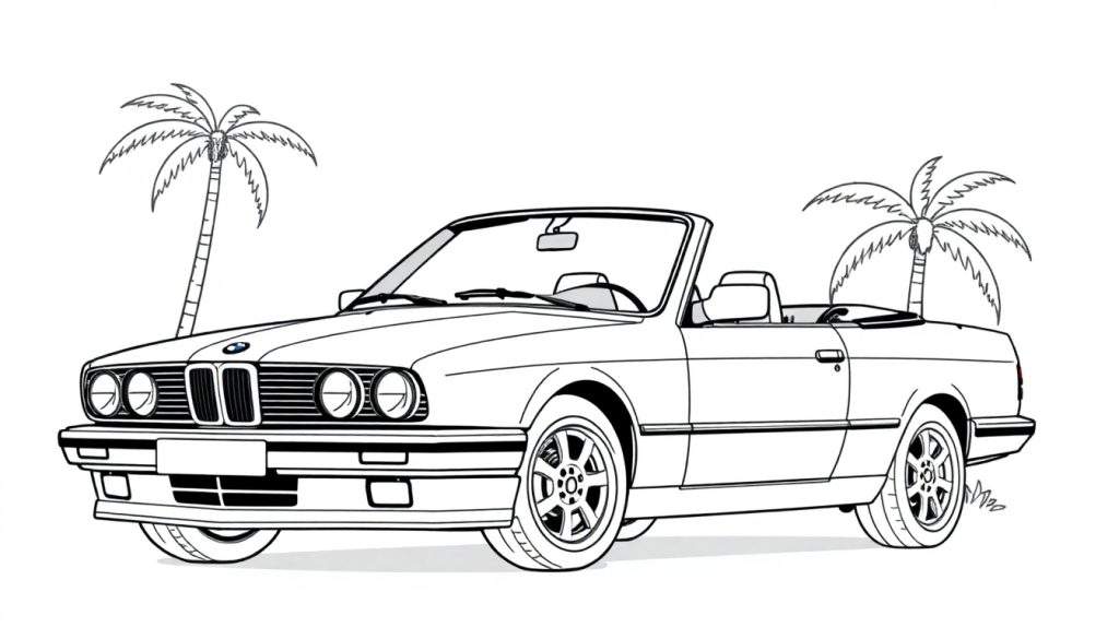 Kleurplaat van een BMW cabriolet op het strand.