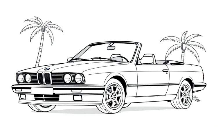 Kleurplaat van een BMW cabriolet op het strand.