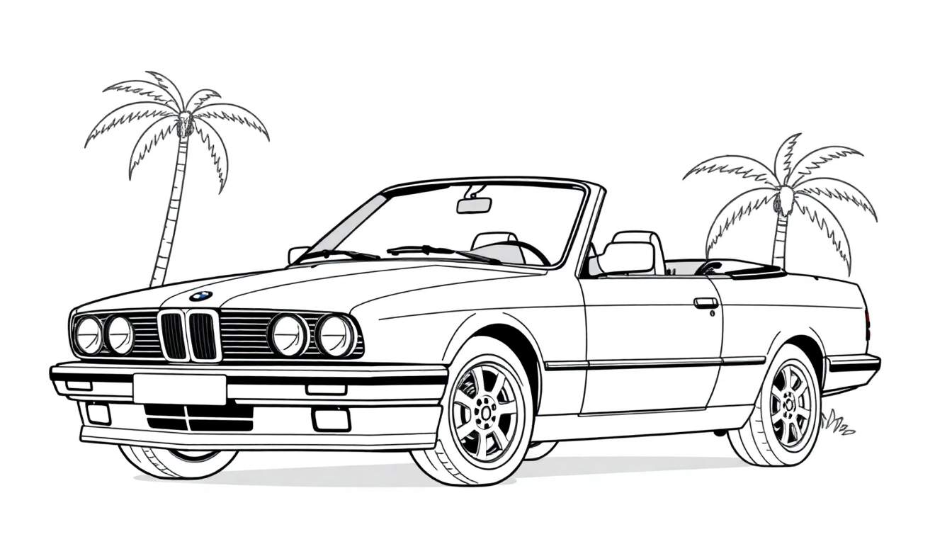 Kleurplaat van een BMW cabriolet op het strand.