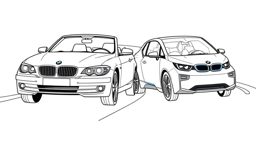 Kleurplaat van twee BMW's, een cabriolet en een i3, dicht bij elkaar geparkeerd.