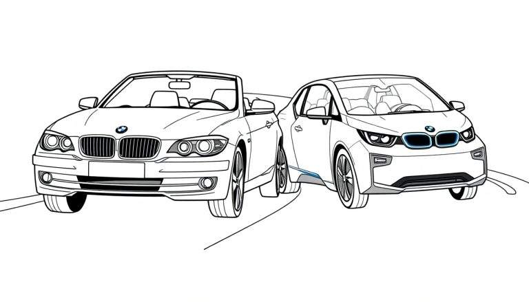 Kleurplaat van twee BMW's, een cabriolet en een i3, dicht bij elkaar geparkeerd.