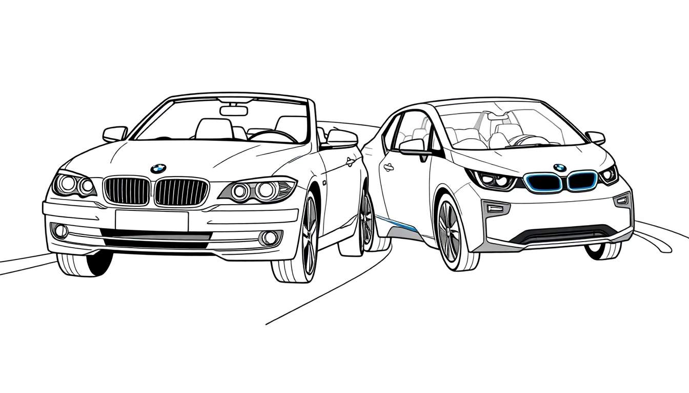 Kleurplaat van twee BMW's, een cabriolet en een i3, dicht bij elkaar geparkeerd.