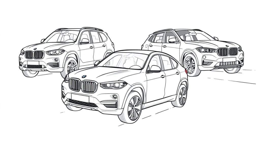 Kleurplaat van drie stoere BMW SUV's in een groep.