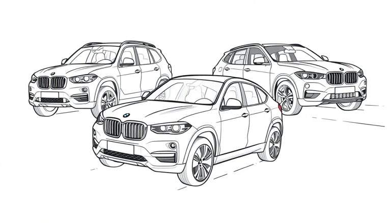 Kleurplaat van drie stoere BMW SUV's in een groep.
