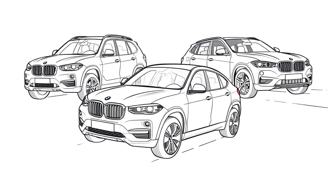 Kleurplaat van drie stoere BMW SUV's in een groep.