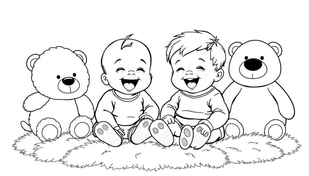 Twee lachende baby's met teddyberen, als een zwart-wit kleurplaat.